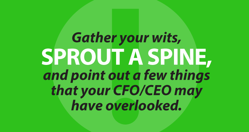 gather your wits, sprout a spine, and point out a few things that your CFO/CEO may have overlooked